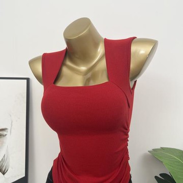 就很顯身材！帶胸墊鎖骨殺車厘子紅復古洋氣方領緊身短款吊帶背心