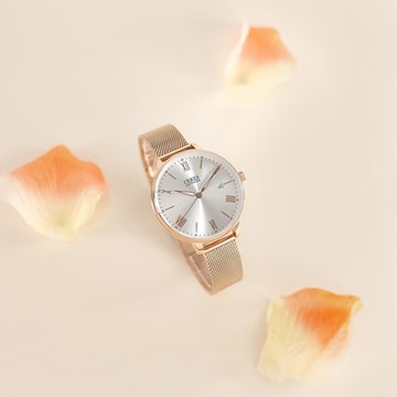 EROS CERES 贈錶帶 / LQ33623RG-S / 優雅迷人 羅馬刻度 日期 藍寶石水晶玻璃 米蘭編織不鏽鋼手錶-銀x鍍玫瑰金/36mm