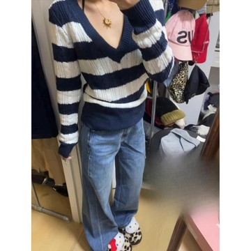 Vuja de  藍白色針織毛衣 V領毛衣 頭套  針織上衣 秋冬 長袖 oversize 寬鬆上衣 衣服女