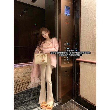 DoggyQin 韓女褲/黑色高腰顯瘦小腳褲女秋冬小個子加絨保暖微喇褲