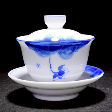 景德鎮陶瓷手繪青花瓷荷韻三才蓋碗功夫茶具泡茶碗三才蓋碗手抓壺1入