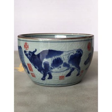 景樺椿陶瓷青花五牛神圖茶杯家用老陶泥130ml復古烈酒杯中式禮物