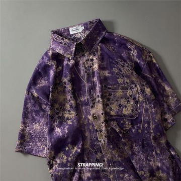 STRAPPING紫色印象涂鴉碎花短袖花襯衫男女夏威夷泰國復古日系