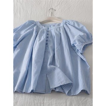 日系格子上衣女夏季2025新款純棉短袖襯衫女士寬松圓領泡泡袖襯衣