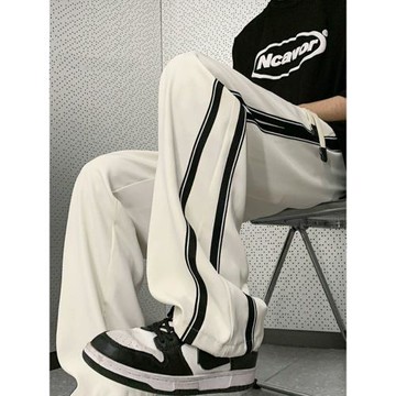 冰絲休閑褲男夏季薄款寬松直筒長褲美式復古條紋運動褲垂感闊腿褲