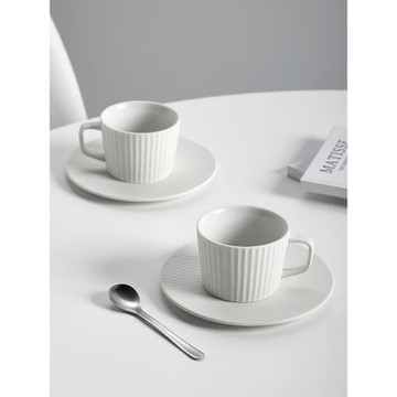 米立風物簡約純白色豎紋咖啡杯碟高檔精致陶瓷套裝高級感輕奢杯子