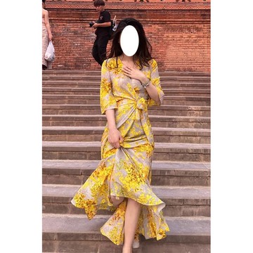 ParrotFashion 一片式洋裝 法式印花一片式洋裝女純欲性感裹身小媽網紅黃色戰袍碎花長裙子