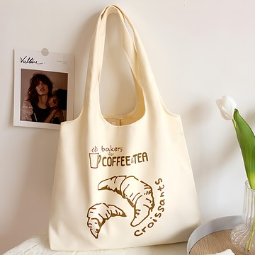 E.City 午茶時光單肩帆布購物袋  36 x 32 x 8cm  牛角麵包 米色