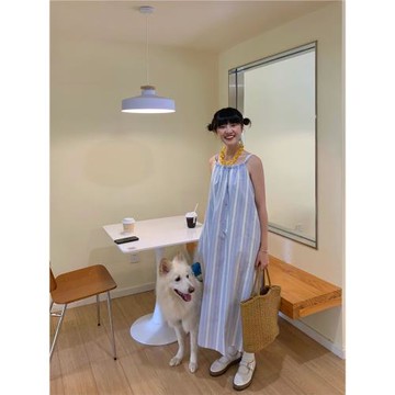 藍白真絲棉布條紋面料 掛脖無袖系帶連衣裙