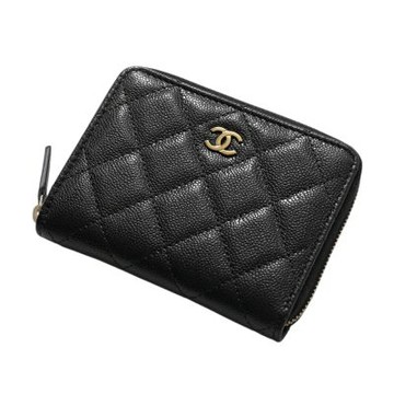 CHANEL 香奈兒 CC logo 荔枝皮革 拉鍊 對開 皮夾 卡夾 短夾 錢包 黑色 金扣 AP4652
