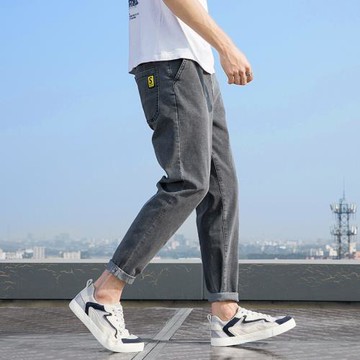 夏季彈力小腳淺色牛仔褲男士松緊腰哈倫百搭直筒寬松休閑長褲子