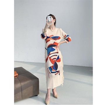 【巴黎精品】現貨+預購 三宅風皺褶衣服洋裝褶皺長裙長袖連身裙摺衣彈力女裝顯瘦折衣大碼-印花流蘇a1jb32