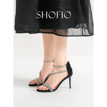 【虧本清倉】水鉆涼鞋夏季新款露趾黑色高跟鞋細跟性感一字帶女鞋