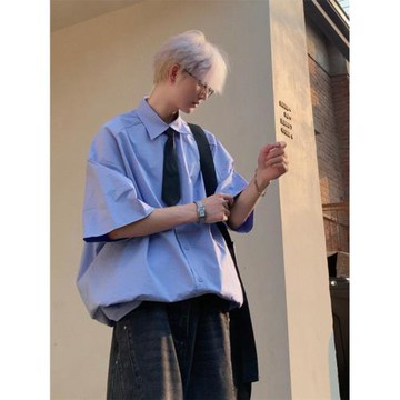 夏季復古寬肩廓形大襯衫松弛少年感淺藍色墊肩襯衫短袖學院風襯衣