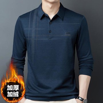 彩文羊中年男士長袖t恤50歲60休閑加絨加厚秋冬新款保暖Polo衫男