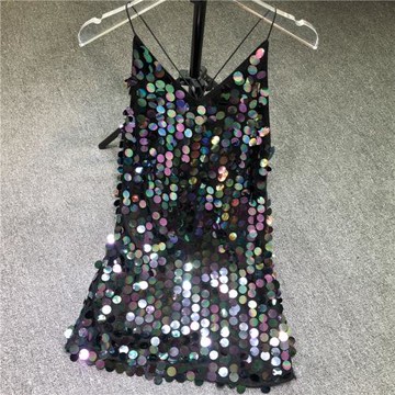 派對新款女裝夜店裝小性感炫彩亮片交叉美背露背吊帶短款連衣裙潮