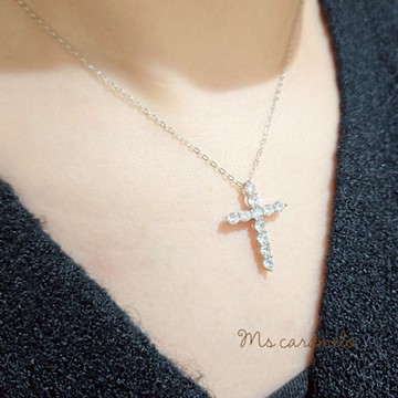 【焦糖小姐 Ms caramelo】925純銀鍍K白鋯石項鍊 十字架鋯石項鍊