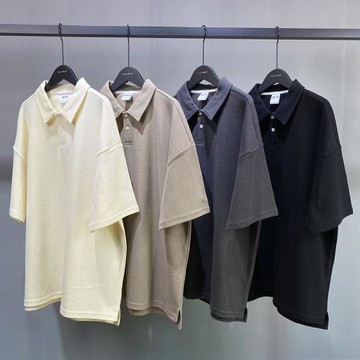 美式高街華夫格翻領開叉polo衫男女夏季寬松休閑青春流行短袖T恤