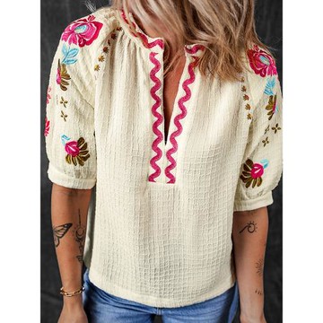 夏季新款刺繡套頭短袖襯衫女2026歐美薄款半截袖百搭三分袖襯衣女