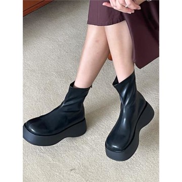 衣玲韓國女鞋秋冬甜美彈力皮瘦瘦靴松糕厚底小個子拼接圓頭短靴女