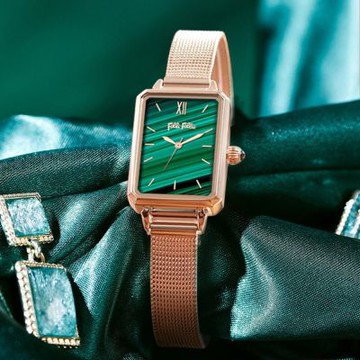 Folli Follie 20毫米 方形 孔雀石紋錶盤 不鏽鋼米蘭帶腕錶(綠X玫瑰金 FF22B015GPYS-RG)