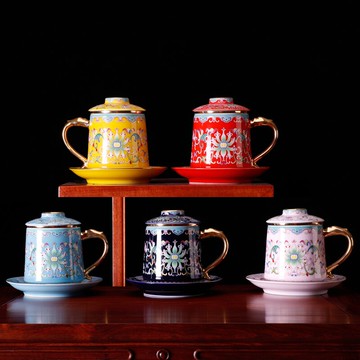 琺瑯彩茶杯 茶水分離杯陶瓷過濾泡茶杯大容量帶蓋辦公杯男女水杯