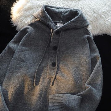 高級感灰色連帽毛衣女2026新款寬松慵懶風情侶cleanfit針織衫外套