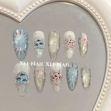 ✨台灣出貨✨【雙子星】純手工穿戴甲可愛少女心粉藍撞色圣光愛心手繪爆款美甲