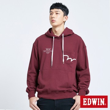 EDWIN 男裝 口袋皮W連帽T恤-朱紅色