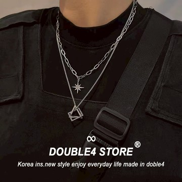 【DOUBLE4】幾何雙層項鍊 立體三角方形 可分開 層次項鍊 鈦鋼 不退色 韓系穿搭 男項鍊 男女 C74