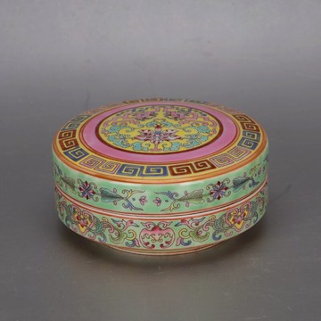 大清乾隆年琺瑯彩手繪回紋纏枝花卉香粉盒 仿古舊貨瓷器古玩擺件