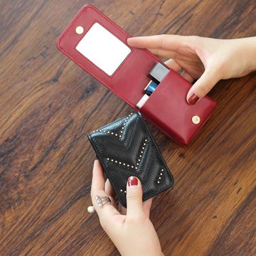 小香風網紅隨身補妝帶鏡子口紅包小號便攜可愛真皮迷你口紅收納盒