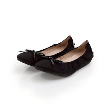 viina素面蝴蝶結圓頭娃娃鞋-黑