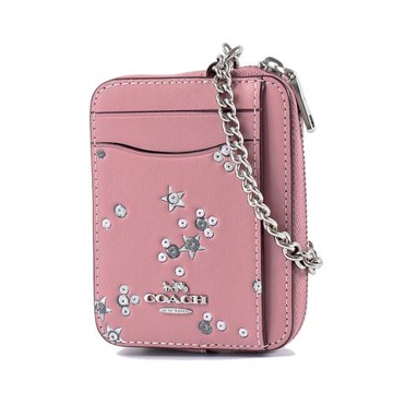 COACH 亮粉星光滑面皮革鍊帶證件零錢包-粉色