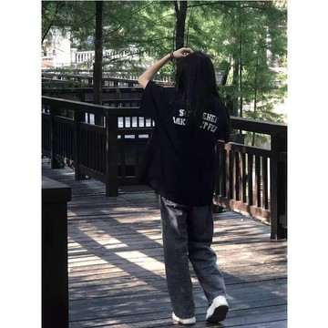 純棉潮牌美式黑色短袖T恤女夏季新款韓版寬鬆學院顯瘦學生上衣 棉t 夏天衣服 女生衣服 短袖 t恤 韓國短袖 寬鬆t恤
