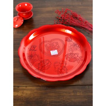 結婚茶盤喜慶托盤敬茶杯盤子大紅色圓形鐵果盤新娘嫁妝婚禮用品