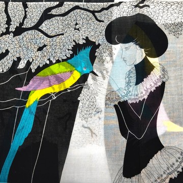 Kimiko Kojima 復古手帕 美麗女人與鳥 18.5 x 18.5 英寸