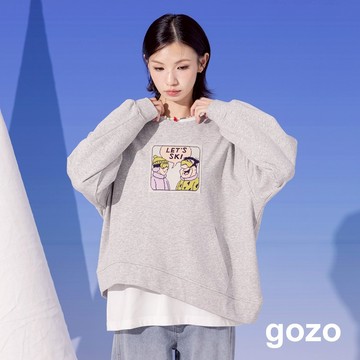 【gozo】發熱LET'S SKI不對稱下擺大學T(灰色/淺藍_F) | 女裝 圓領 休閒