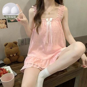 【臺灣出貨】甜美雲朵棉胸墊睡衣 粉色泡泡皺吊帶套裝 附固定胸墊 夏季新品 透氣舒適 可愛印花少女睡衣