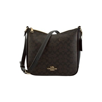 [平輸版] 【COACH】黑檀木色C LOGO防刮PVC 拼接黑色素面皮革拉鍊斜背扁包 真品平輸