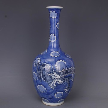 清康熙藍地青花穿花龍紋插花瓶手繪仿古老貨瓷器家居中式古玩擺件1入
