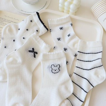 黑白鏤空網眼襪子女中筒襪夏季超薄ins潮花邊純棉透氣蝴蝶結長襪