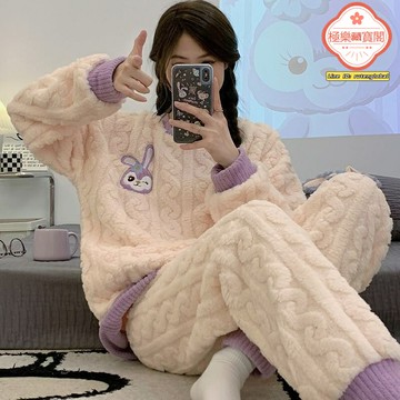 【甜美加厚】睡衣女套裝 家居服 長毛絨睡衣 冬季睡衣 加絨睡衣 保暖睡衣 卡通繡花 甜美ins風 冬季保暖居家必備