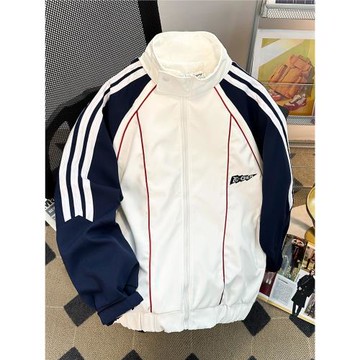 撞色條紋外套男款春秋季潮牌ins寬松立領棒球服美式復古情侶夾克