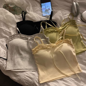 胖胖美依 上衣 胸罩 內搭 背心 吊帶 新款蝴蝶結抹胸純欲法式木耳邊甜美溫柔氣質收腰遮副乳設計感吊帶上衣-6695.