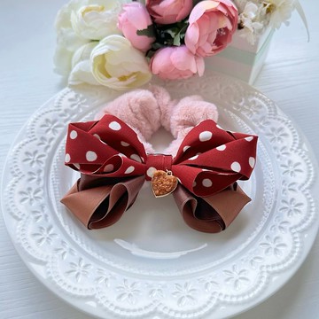 獨家款大人可愛點點拼色蝴蝶結毛絨髮圈大腸圈-暗紅色