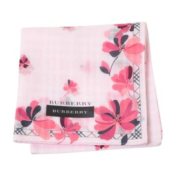 BURBERRY 繽紛優雅花卉格紋圖騰滾邊字母LOGO帕領巾(粉紅系/50CM)
