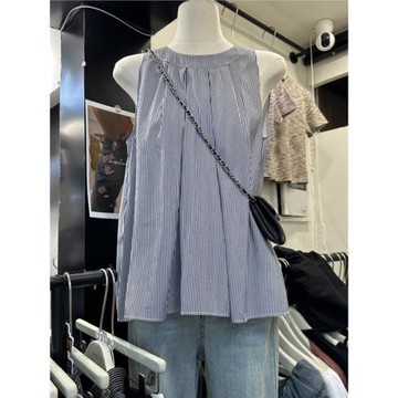 夏季時尚條紋氣質新款十三行潮流顯瘦顯白無袖設計感壓褶背心上衣