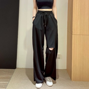 割破棉質鬆緊腰寬褲【811】Sandy33實拍春夏新款韓系INS修身顯瘦氣質高腰長褲 落地褲 棉褲 拖地褲黑褲