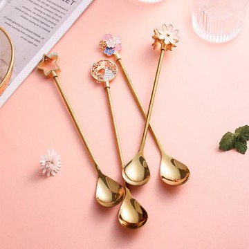 不銹鋼創意櫻花日本咖啡勺長柄攪拌棒甜品勺少女愛心花朵金色勺子